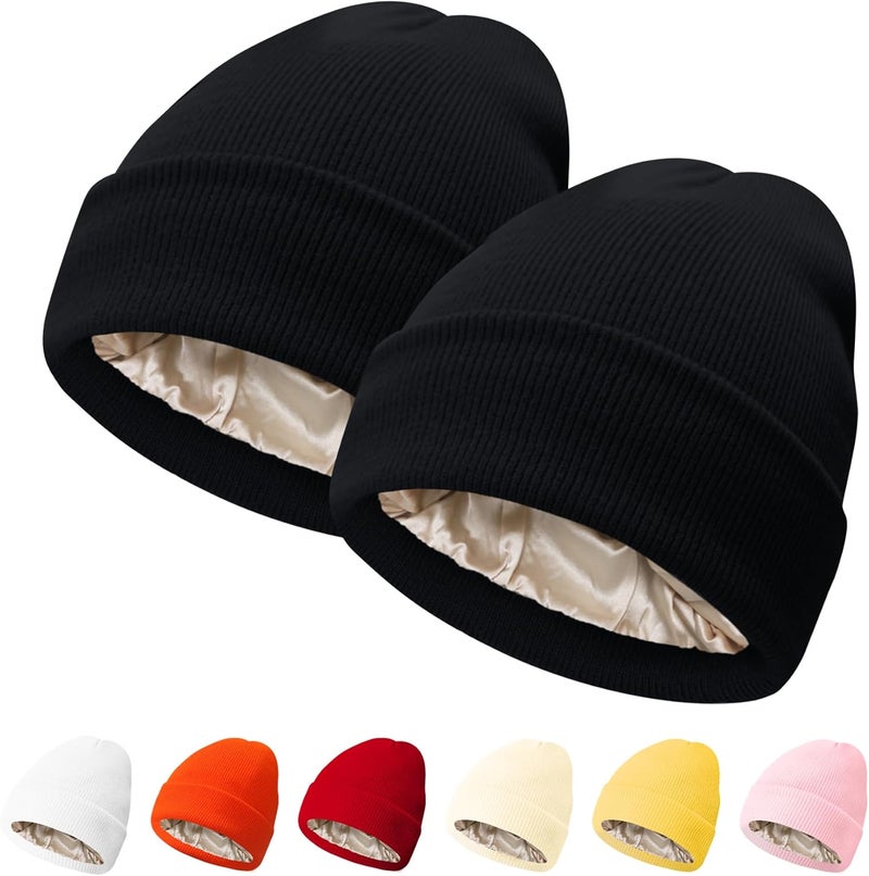 PFFY 2 Packs Womens Satin Lined Beanie Hat Silk Lining Winter Hats Beanies for Women Soft Slouchy Beanie Skull Cap - Image 1